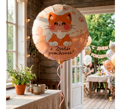 Шар фольгированный 18"/45см Круг Котик усатый С днем рождения!