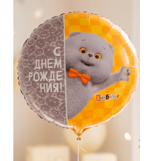 Шар фольгированный 18"/46см С днем рождения! кот Басик в упаковке круг (10)